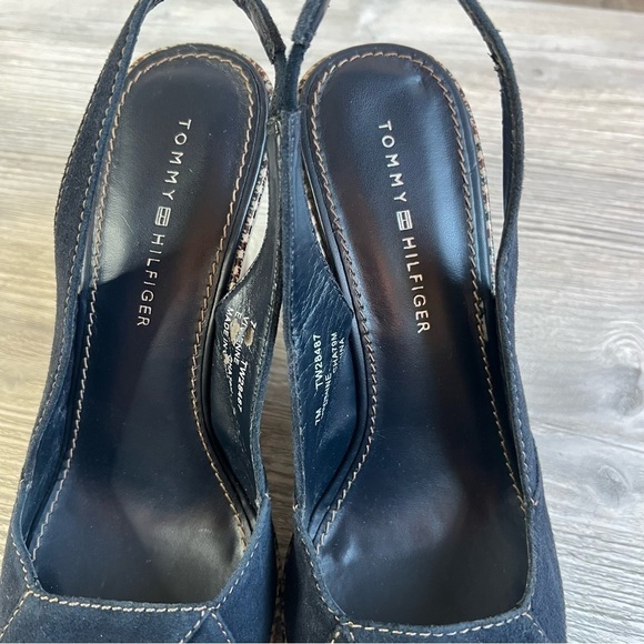 Tommy Hilfiger Vivienne wedge navy suede gingham sling peep toe sandals size 7 - Picture 11 of 14